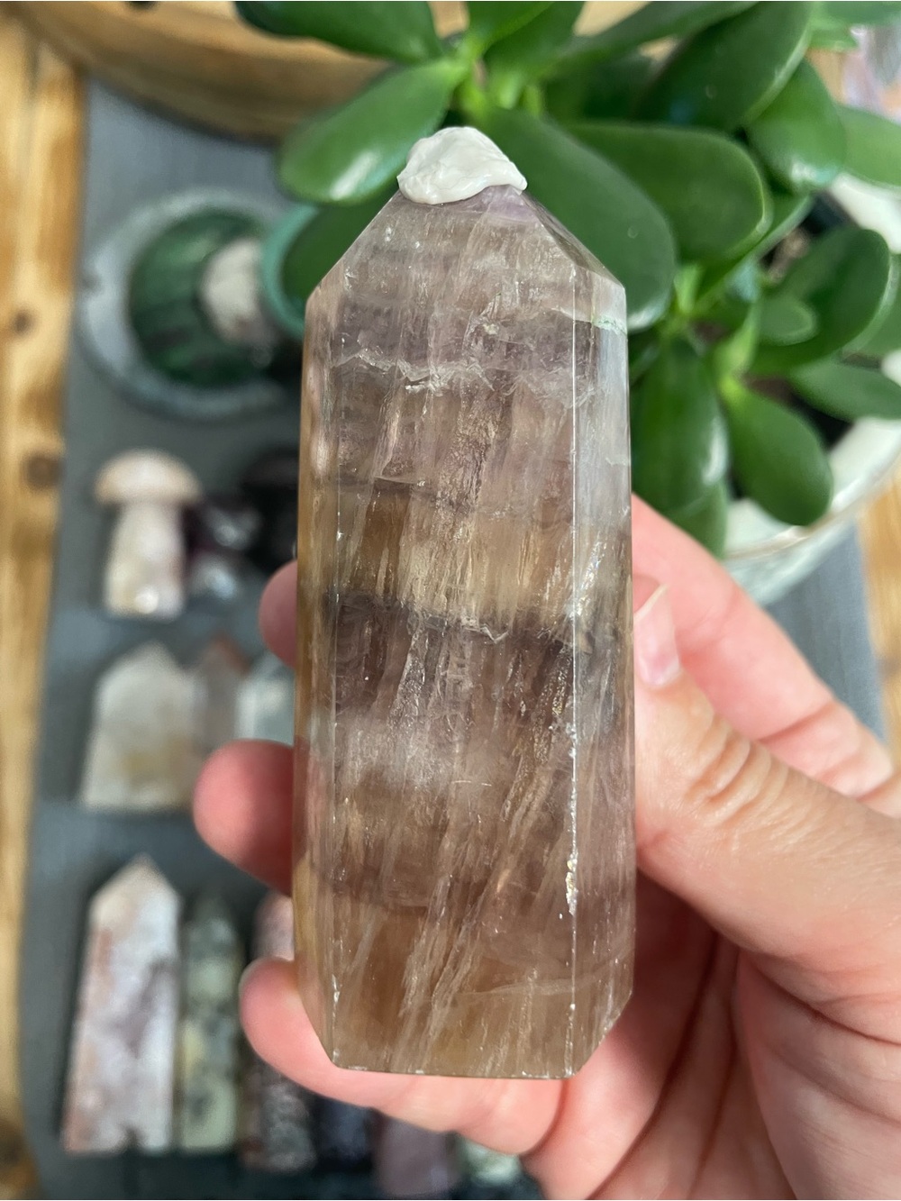 Soft pastel gold purple brown fluorite tower
